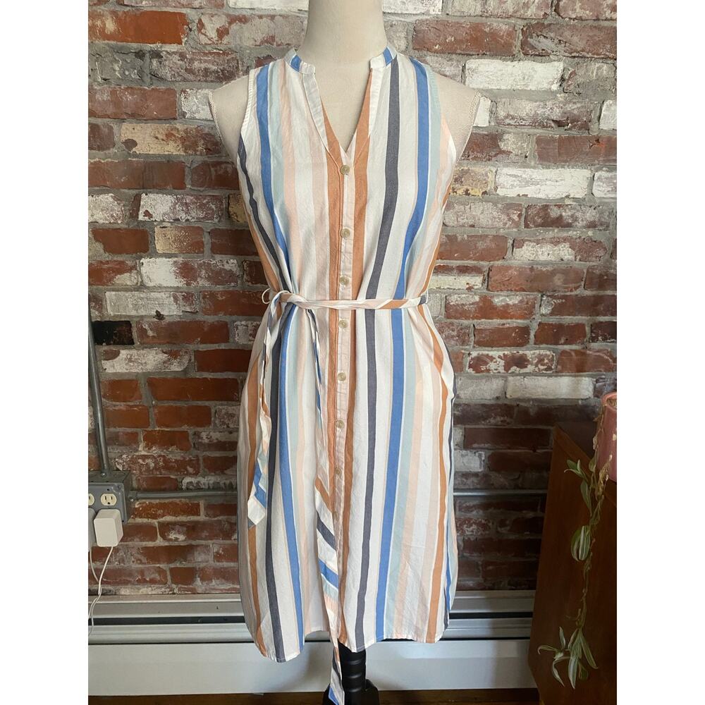 A New Day Striped Button Front Midi Dress Size XS Cotton Sleeveless Tie Waist